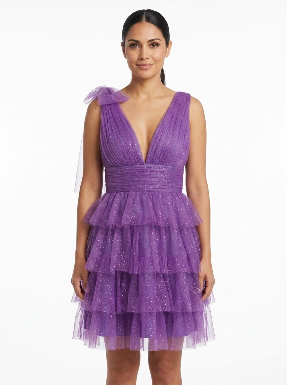 NWT Stacees Purple Fit & Flare Mini Ruffle Lined Dress Women Size 8
